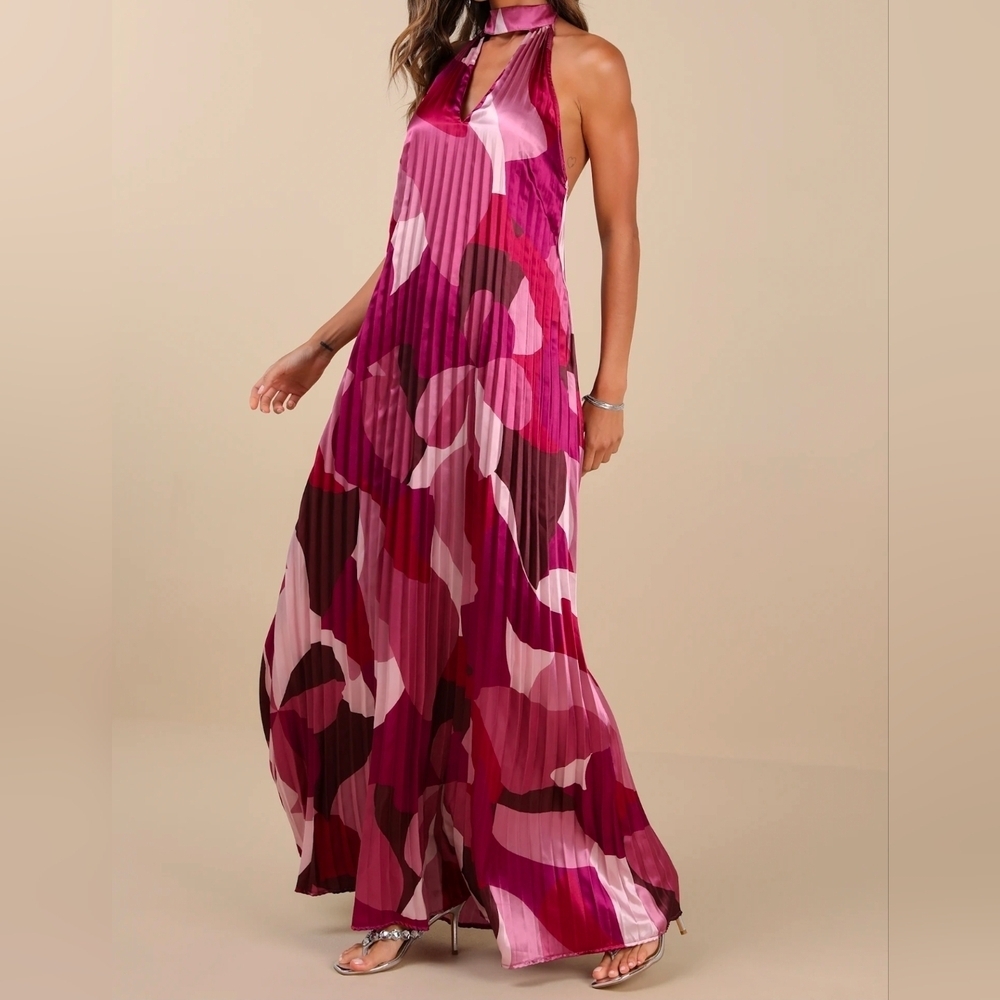 Lulus Prime Poise Pink Multi Abstract Satin Halter Maxi Dress, Size Large - Picture 4 of 12
